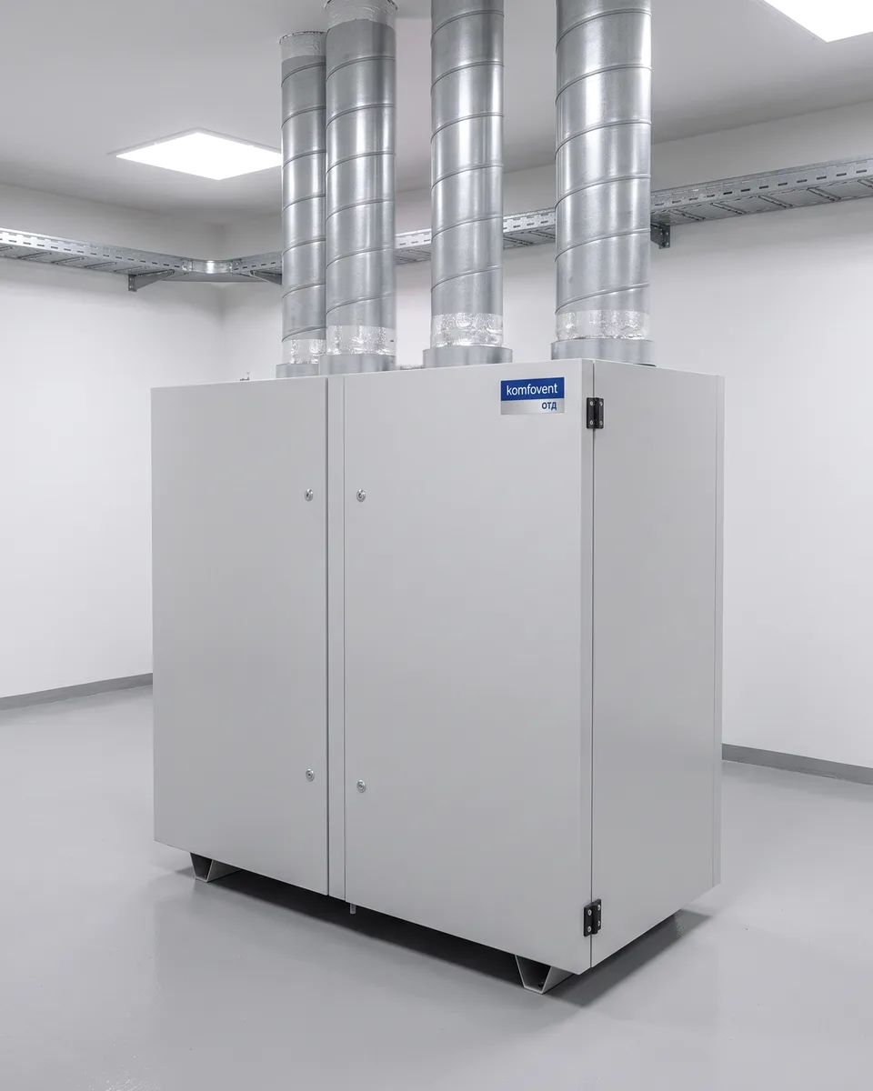 Приточно-вытяжная установка Komfovent ОТД-P-1200-V в техническом помещении, к четырем патрубкам подключены воздуховоды